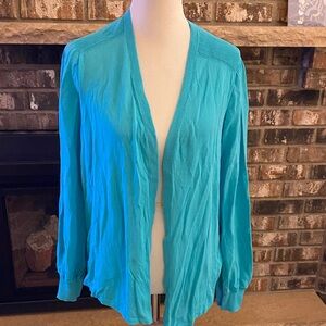 CHICOS open front cardigan. Blue green cotton blend fabric. Linen texture.